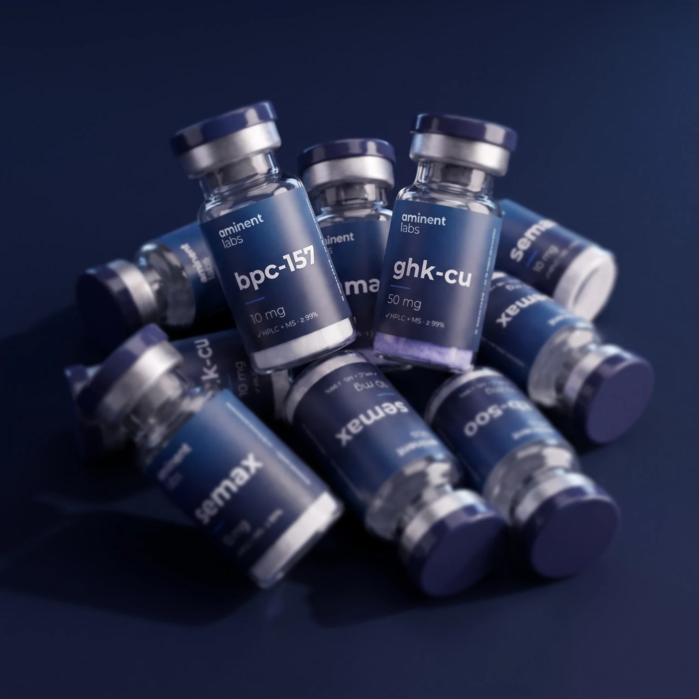 A group of Aminent Labs research peptide vials viewed from above